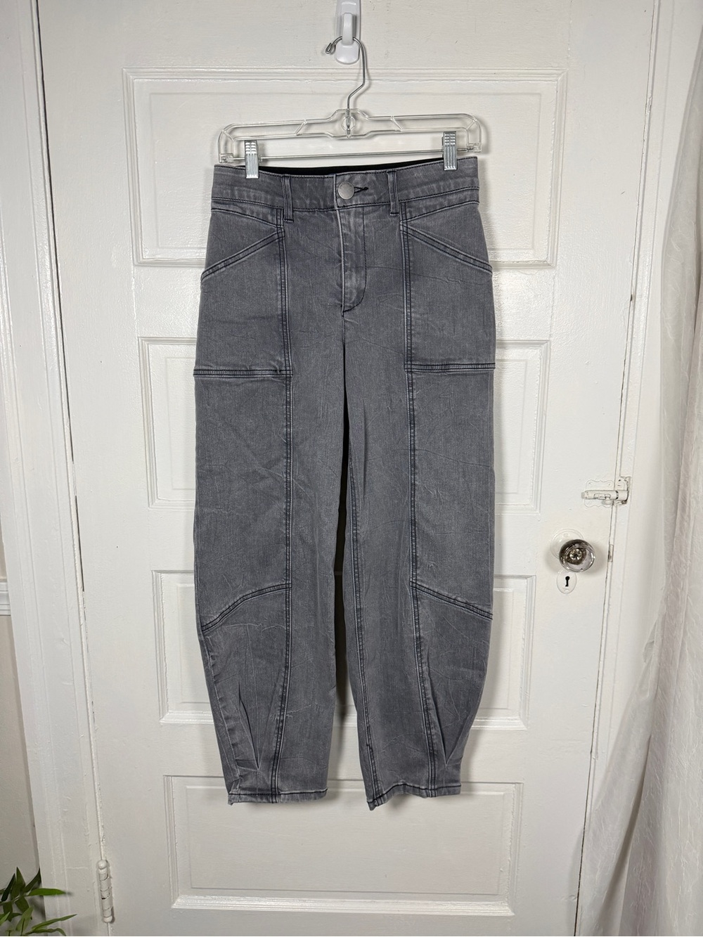 Democracy Ab solution Jeans Skyrise Front Seaming Barrel Leg Pleated Hem Gray 4